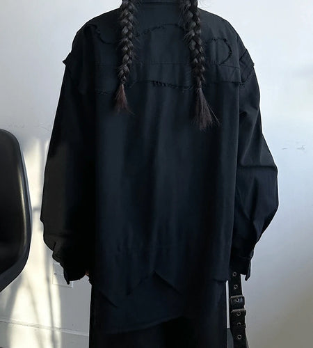 Women Black Burr Irregular Spliced Big Size Blouse New Lapel Long Sleeve Shirt Fashion Tide Spring Autumn 2025 1DH9561