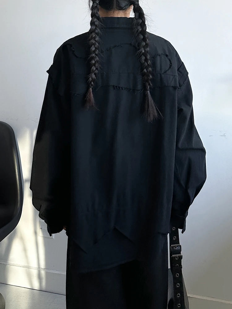 Women Black Burr Irregular Spliced Big Size Blouse New Lapel Long Sleeve Shirt Fashion Tide Spring Autumn 2025 1DH9561