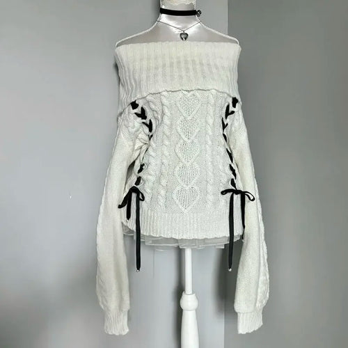 Load image into Gallery viewer, Y2k Aesthetic Slash Neck Twist Sweater Women Off Shlouder Bandage Pullover Vintage Lantern Sleeve Jumper Kawaii Fairy Jumpers
