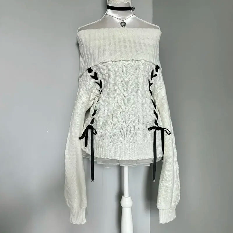 Y2k Aesthetic Slash Neck Twist Sweater Women Off Shlouder Bandage Pullover Vintage Lantern Sleeve Jumper Kawaii Fairy Jumpers