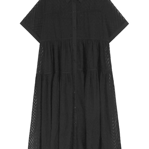 Load image into Gallery viewer, Women Blue Grid Hollow Out Big Size Midi Shirt Dress New Lapel Short Sleeve Fashion Tide Spring Summer 2025 1DJ1208
