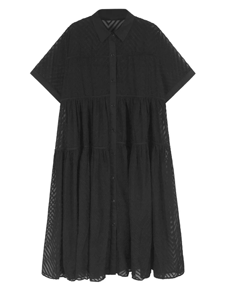 Women Blue Grid Hollow Out Big Size Midi Shirt Dress New Lapel Short Sleeve Fashion Tide Spring Summer 2025 1DJ1208