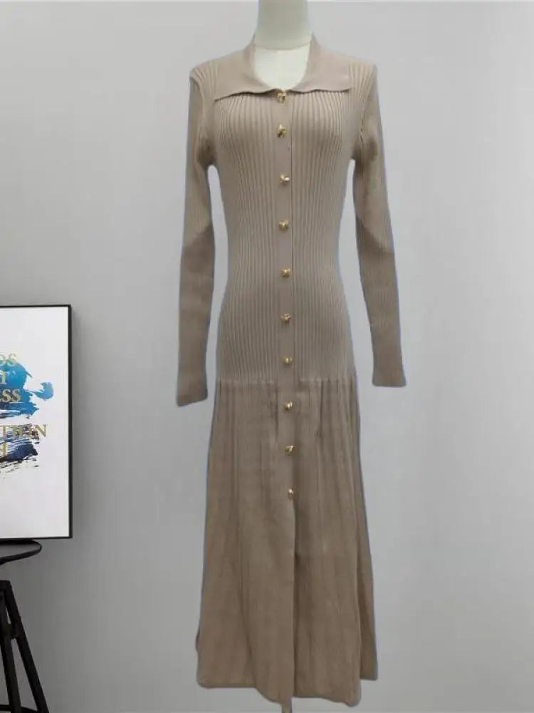 Autumn Winter Solid Elegant Office Lady Knitted Dress Women Slim Long Sleelve Single Breasted Dresses Fashion Simplicity Fashion