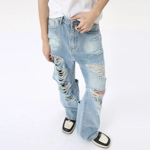 Load image into Gallery viewer, Niche Style Men&#39;s Denim Pants Loose Hole Straigth Trousers Wide Leg Male Casual Buttom zippers  Summer Fashion 9C6314
