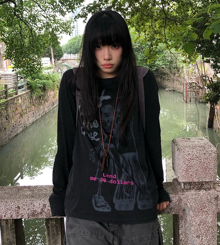 Japanese Y2k Anime Print T-shirt Vintage Harajuku Long Sleeve Tee Shirt 2000s Aesthetics Streetwear American Retro 90s