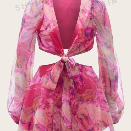 Load image into Gallery viewer, Sexy Deep V-print Long Sleeved Lace Up Women Playsuit Autumn Casual Lantern Sleeve Chiffon Elegant Holiday Party Beach
