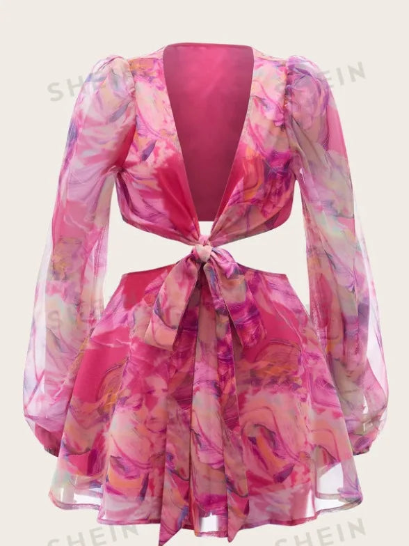 Sexy Deep V-print Long Sleeved Lace Up Women Playsuit Autumn Casual Lantern Sleeve Chiffon Elegant Holiday Party Beach