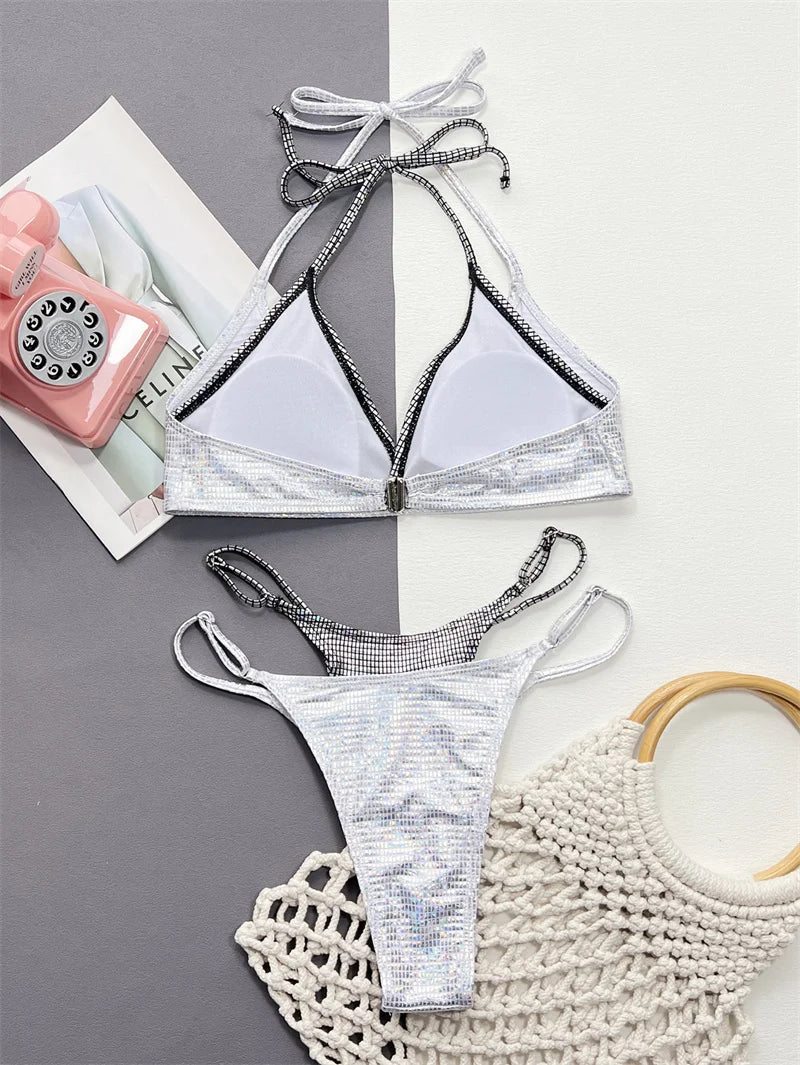 Silver Shiny Patchwork Swimsuit 2025 Halter Swimwear Women Brazilian Bikini Set Biquini Push Up Bathing Suit