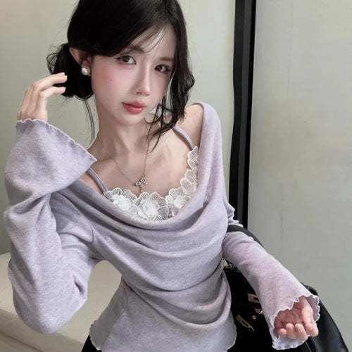 Load image into Gallery viewer, Korean Chic Lace Flower Patchwork T-Shirt Fashion Fairy Gentle Knitted Y2k Top Sweet Pleated Casual Grunge Tee Femme Streetwear
