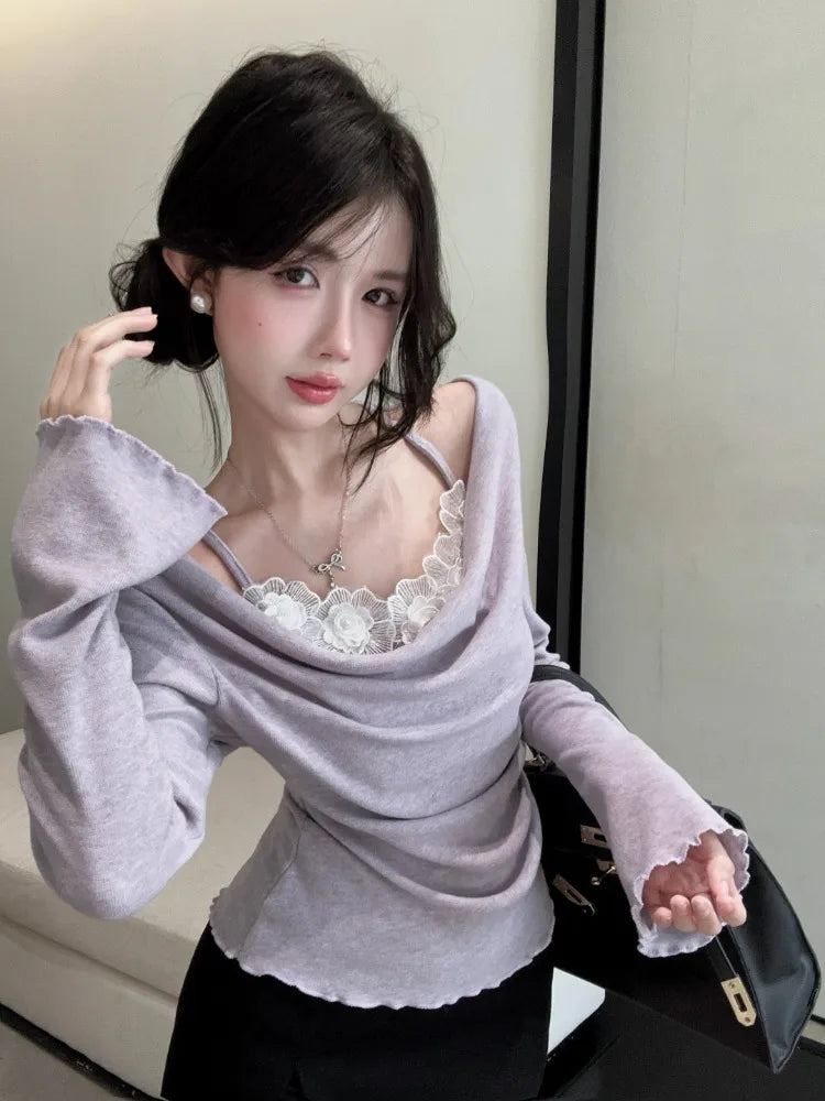Korean Chic Lace Flower Patchwork T-Shirt Fashion Fairy Gentle Knitted Y2k Top Sweet Pleated Casual Grunge Tee Femme Streetwear