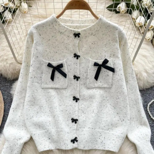 Load image into Gallery viewer, Autumn Winter Women Sweet Red Pink Elegant Round Neck Knit Tops Vintage White Single Breasted Long Sleeve Bow Sweater 2024 Trend
