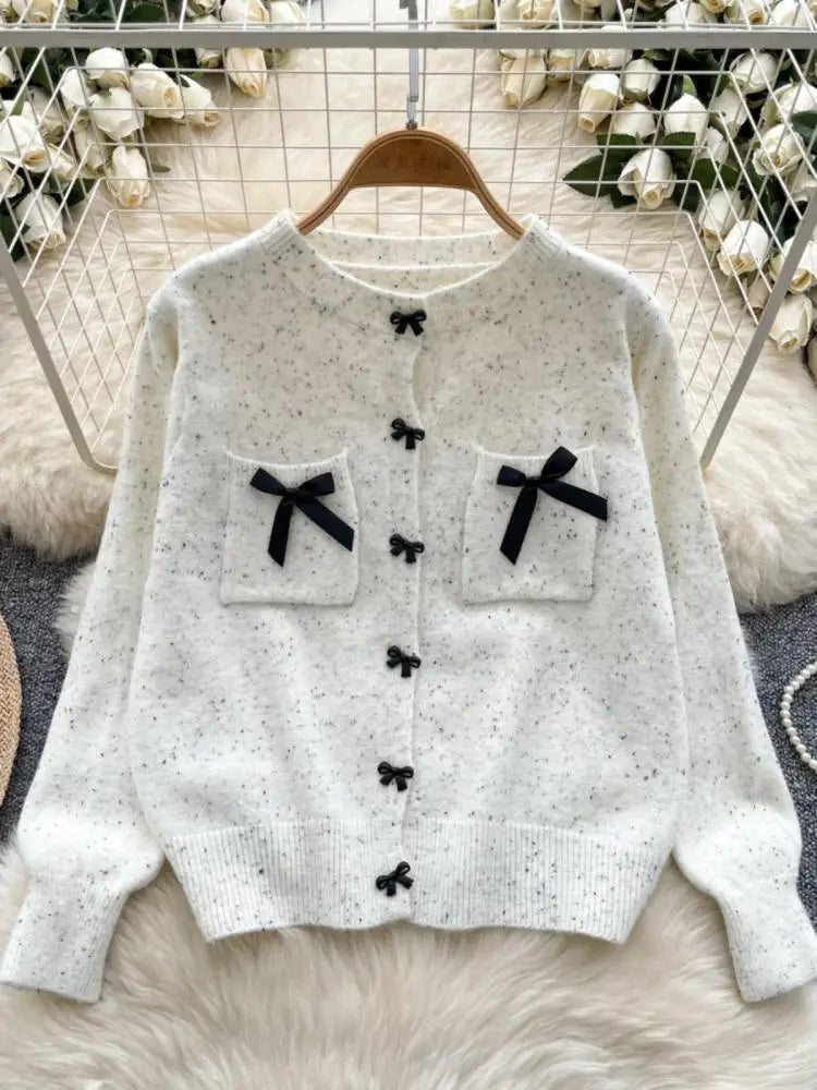Autumn Winter Women Sweet Red Pink Elegant Round Neck Knit Tops Vintage White Single Breasted Long Sleeve Bow Sweater 2024 Trend