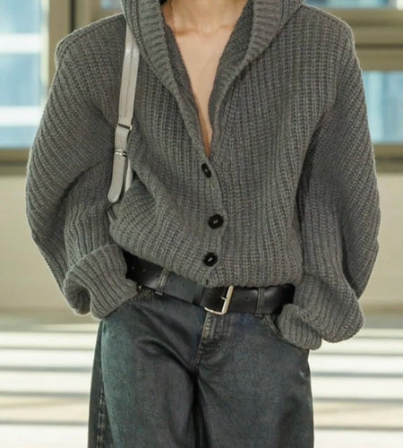 Solid Loose Spliced Hat Casual Cardigan for Women V Neck Long Sleeves Patchwork Single Breasted Cardigan Female New