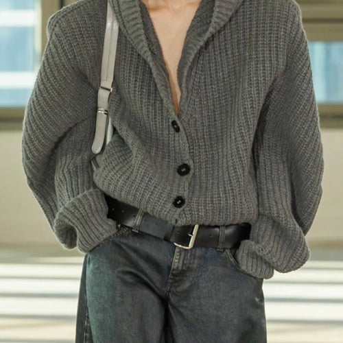 Load image into Gallery viewer, Solid Loose Spliced Hat Casual Cardigan for Women V Neck Long Sleeves Patchwork Single Breasted Cardigan Female New
