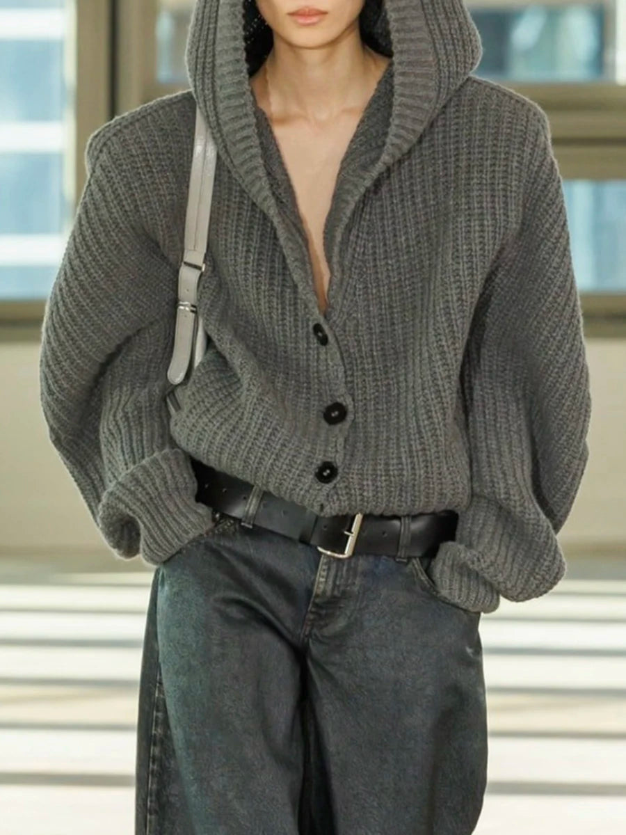 Solid Loose Spliced Hat Casual Cardigan for Women V Neck Long Sleeves Patchwork Single Breasted Cardigan Female New