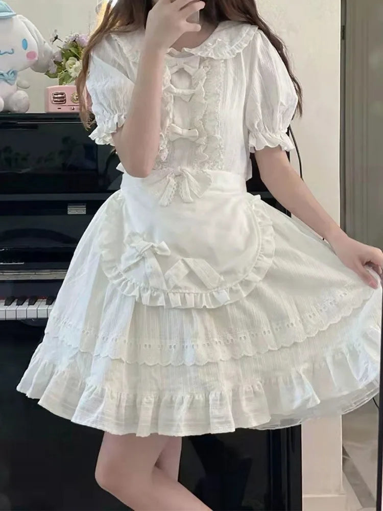 Sweet Kawaii Lolita White Dress Soft Girls Japanese School Cute Ruffles Cute Maid Party Short Dresses Elegant