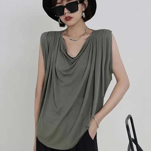 Load image into Gallery viewer, Women White Army Green Pleated Elegant Big Size T-shirt New Round Neck Sleeveless Fashion Tide Spring Summer 2025  1DF5071
