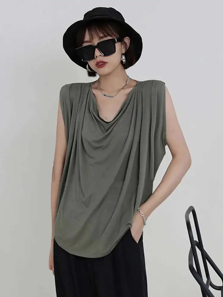 Women White Army Green Pleated Elegant Big Size T-shirt New Round Neck Sleeveless Fashion Tide Spring Summer 2025  1DF5071