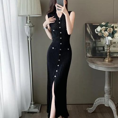 Load image into Gallery viewer, Summer Black V-neck Elegant Knit Long Dress Women Slim Sleeveless Single Breasted Hollow Out Split Dress 2024 New Korean Fashion
