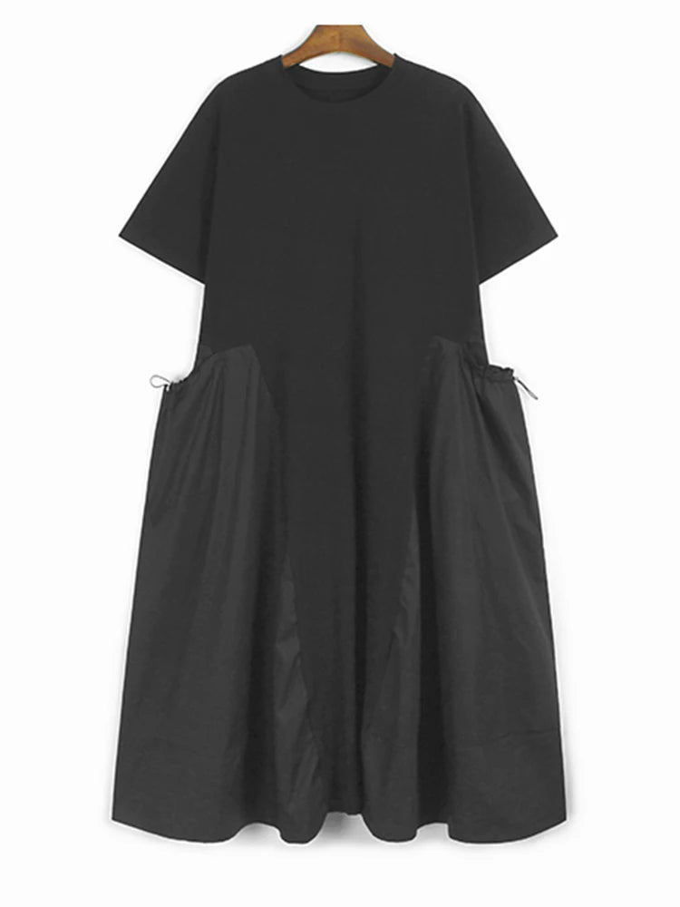 Women Green Drawstring Pocket Big Size Midi Dress New Round Neck Short Sleeve Fashion Tide Spring Summer 2025 1DJ1355