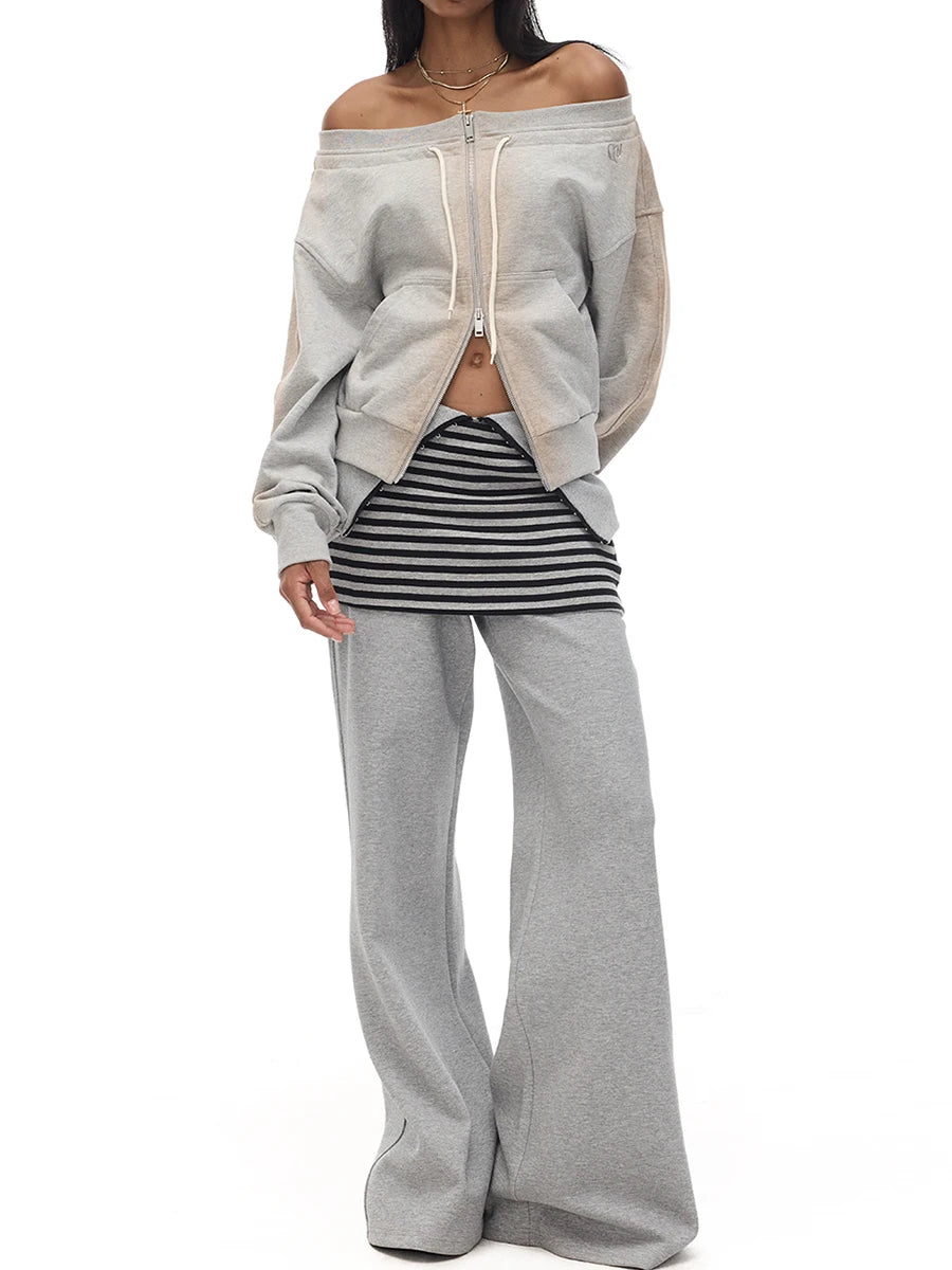 Solid Spliced Zipper Sweatershirts For Women Slash Neck Long Sleeve Patchwork Lace Up Top Female Fashion Style New