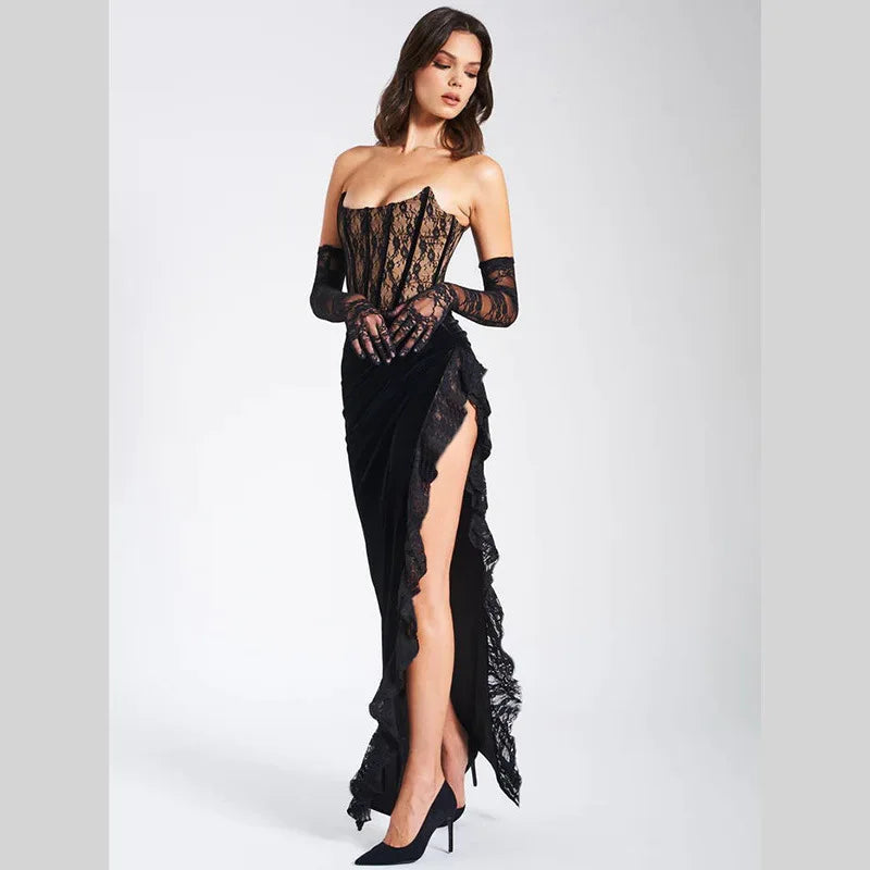 Elegant Lace Strapless Maxi Dress For Women Fashion Black Sleeveless Backless Bodycon Club Party Sexy Long Dress