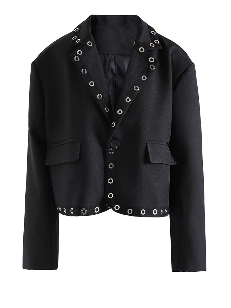 Women Black Hollow Out Big Size Elegant Blazer New Lapel Long Sleeve Jacket Fashion Tide Spring Autumn 2025 CPG1211