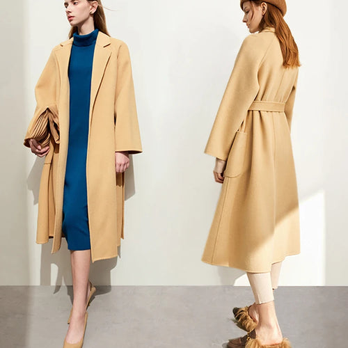Minimalist Wool Coat For Women 2024 Winter Blazer Collar With Belt Vintage Korean Fashion Long Blends Jacket 12324006