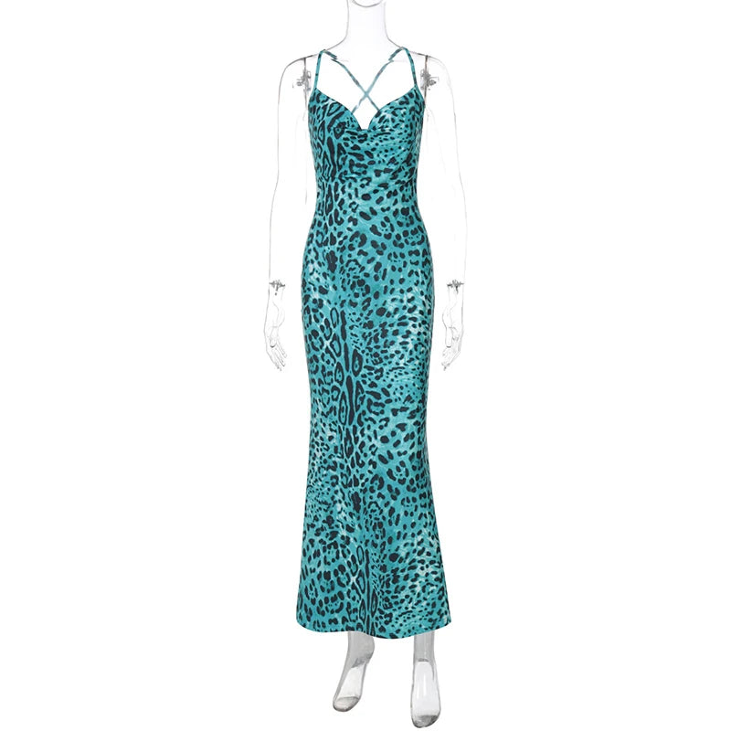 Leopard Print Spaghetti Strap Sexy Maxi Dress For Women Fashion Strapless Sleeveless Backless Printed Long Dress