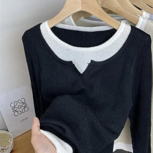 Load image into Gallery viewer, Autumn Winter Women's Patchwork Long Sleeved Pullover Sweater French Casual Round Neck Holiday Knitwear Tops 2024 New Streetwear
