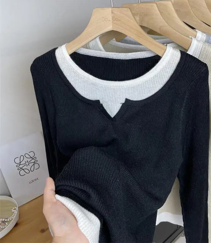 Autumn Winter Women's Patchwork Long Sleeved Pullover Sweater French Casual Round Neck Holiday Knitwear Tops 2024 New Streetwear