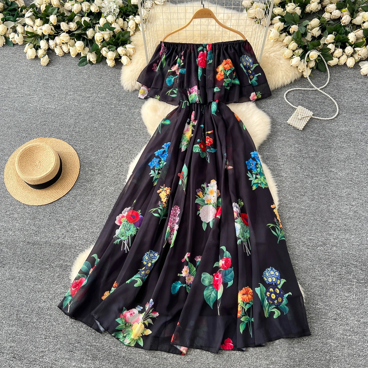 Women Black Flower Vacation Temperament Long Dress Summer White Print Off Shoulderslim High Waist Party Dress Popular Robe Boho
