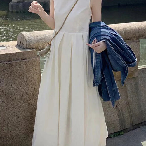 Load image into Gallery viewer, White Sleeveless Simple Female Tank Dresses Solid Color O-neck Casual Sweet Summer Women&#39;s Dresses Elegant Office Ladies
