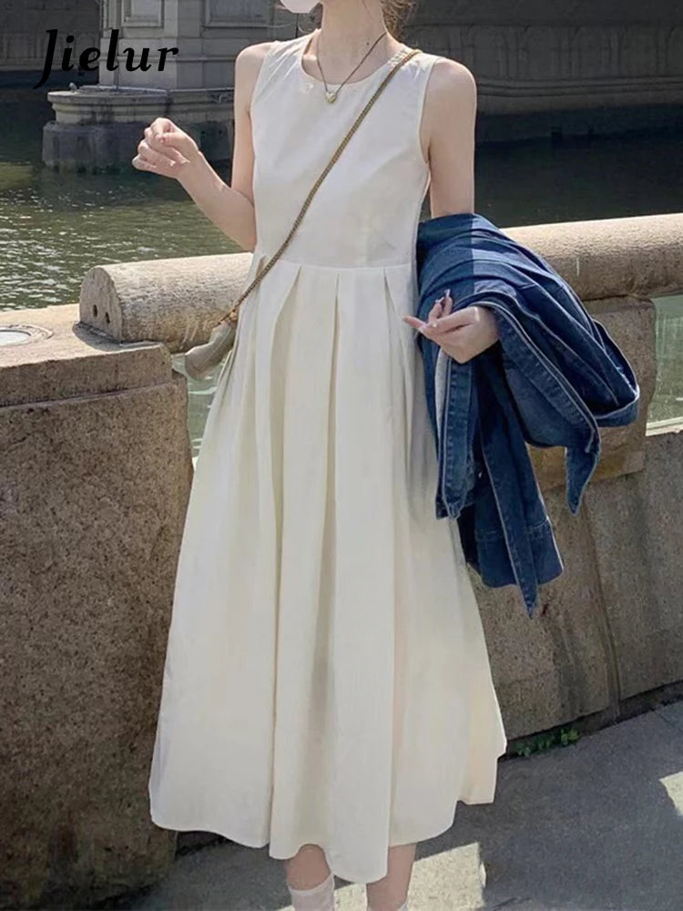 White Sleeveless Simple Female Tank Dresses Solid Color O-neck Casual Sweet Summer Women's Dresses Elegant Office Ladies