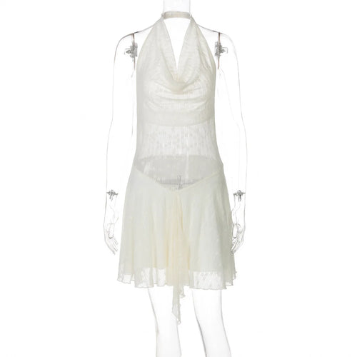 Load image into Gallery viewer, See Through Lace Halter Sexy Mini Dress Women Robe Halter Deep V Neck Backless Draped Ruffled Club Party Beach Dress
