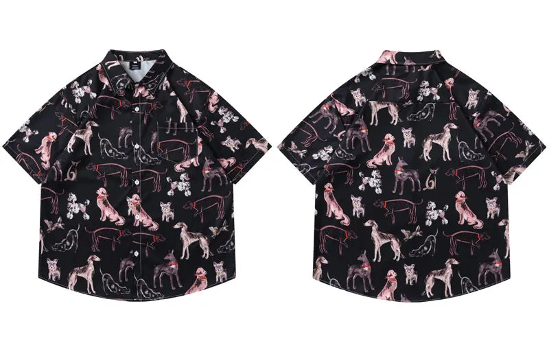 Harajuku Hawaiian Shirts Graffiti Cartoon Dog Graphic Printed Summer Beach Blouse Men Hip Hop Baggy Button Up Short Sleeve Tops