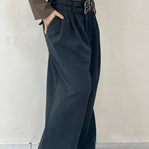 Load image into Gallery viewer, Solid Spliced Pockets Pants For Women High Waist Patchwork Belts Casual Minimalist Wide Leg Pant Female Fashion
