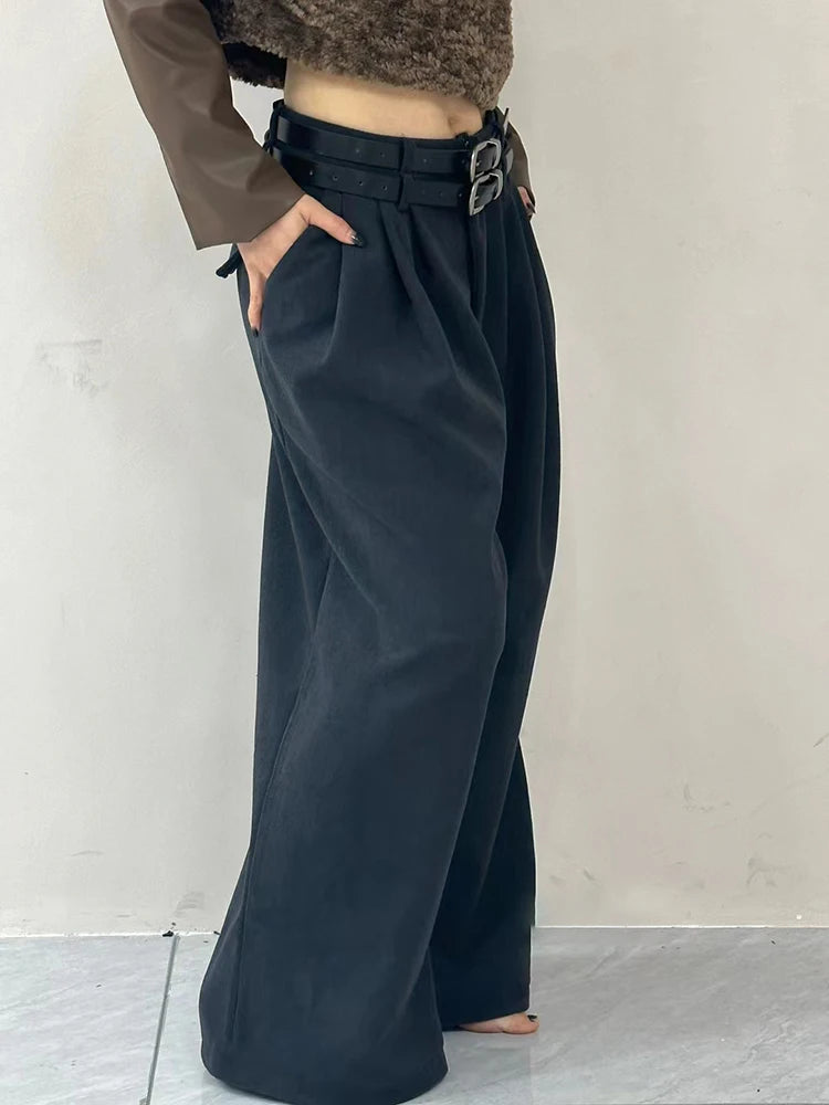 Solid Spliced Pockets Pants For Women High Waist Patchwork Belts Casual Minimalist Wide Leg Pant Female Fashion