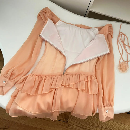 Load image into Gallery viewer, Vintage Women's Autumn Orange Off Shoulder Long Sleeved Short Dress French Fashion Sexy Club High Waist Ruffles Mini Dress Trend
