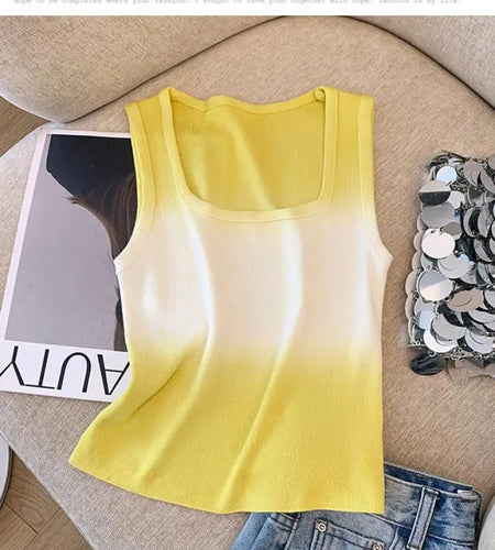 Korean Vintage Elegant Square-neck Gradient Knit Vest Summer Casual Sleeveless Short Tank Tops Women's Holiday Clothing Vestidos