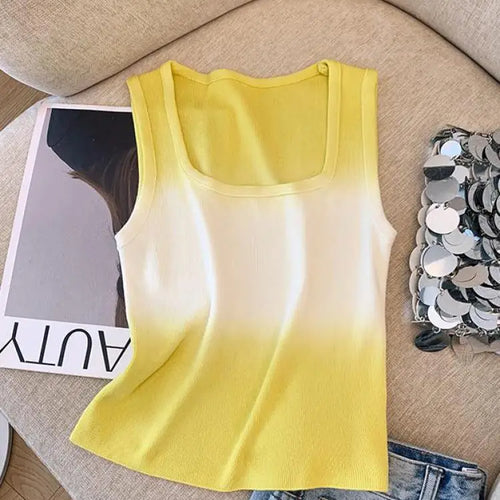 Load image into Gallery viewer, Korean Vintage Elegant Square-neck Gradient Knit Vest Summer Casual Sleeveless Short Tank Tops Women's Holiday Clothing Vestidos
