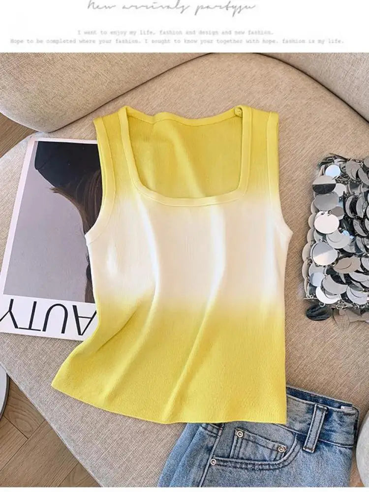 Korean Vintage Elegant Square-neck Gradient Knit Vest Summer Casual Sleeveless Short Tank Tops Women's Holiday Clothing Vestidos