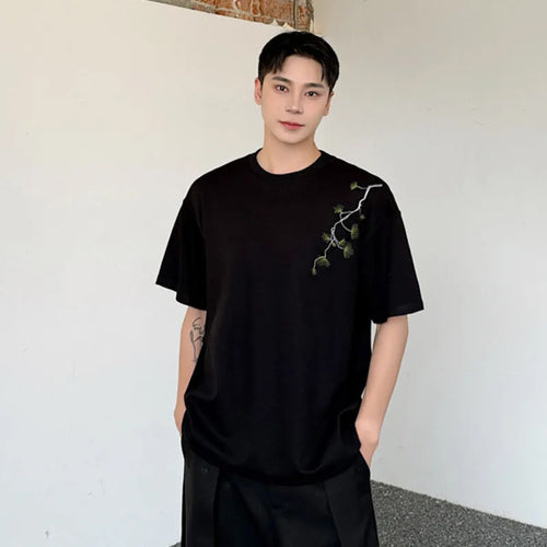 Load image into Gallery viewer, Summer Men&#39;s T-shirt Chinese Style Embroidery O-neck Top Solid Color Loose Fashion Trend Short Sleeve Men 9C5813
