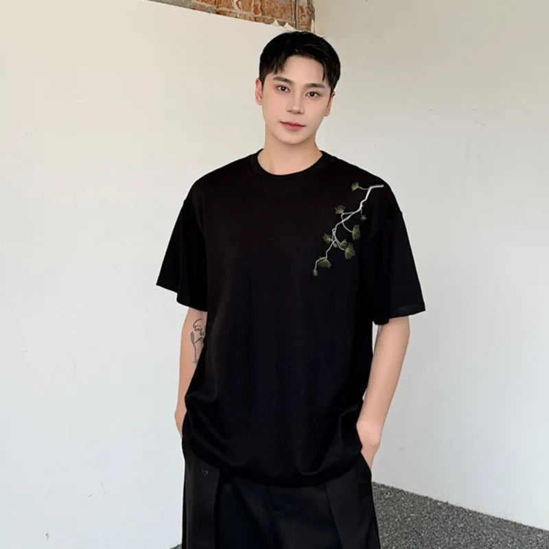 Summer Men's T-shirt Chinese Style Embroidery O-neck Top Solid Color Loose Fashion Trend Short Sleeve Men 9C5813