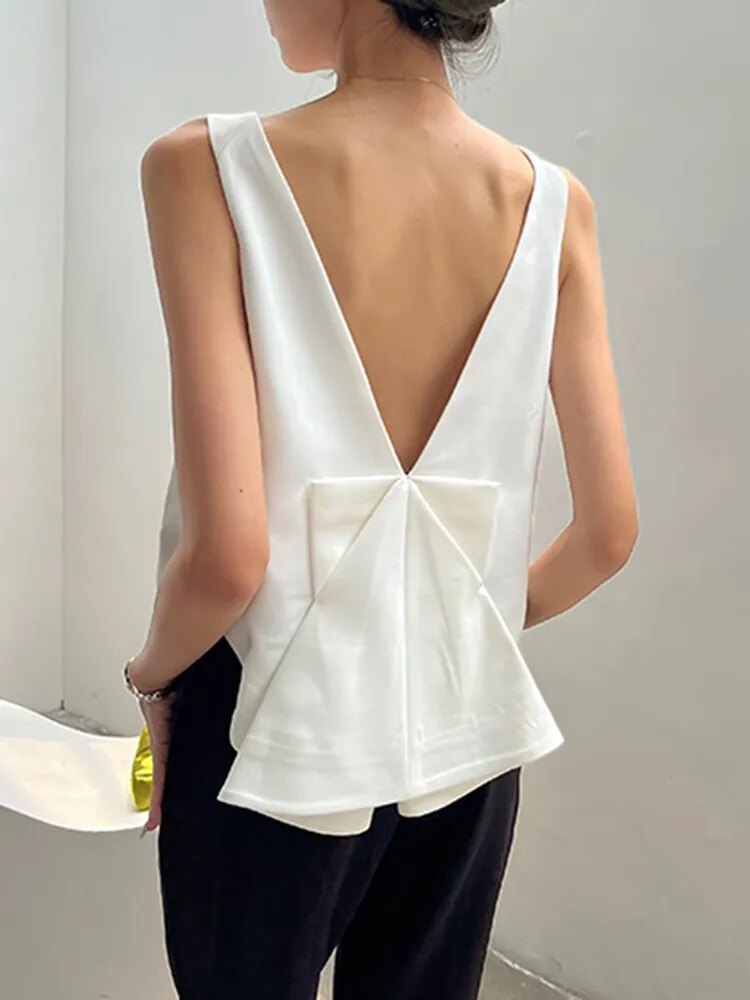 Backless Bowknot Tank Tops For Women Round Neck Sleeveless Solid Minimalist Vests Female Summer Clothing Style