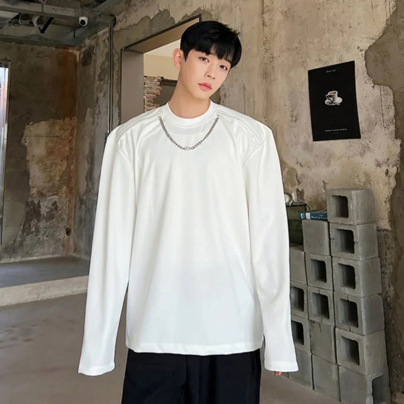 Men's T-Shirts Korean Fashion Casual Detachable Chain Male Pullovers Personalized Solid Color Spring Trendy 9A7737