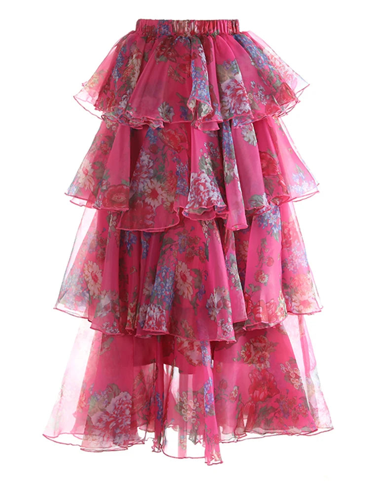 High Elastic Waist Red Printed Organza Layers Cake Half-body Skirt Women Fashion Tide New Spring Autumn 2025 1DJ1174
