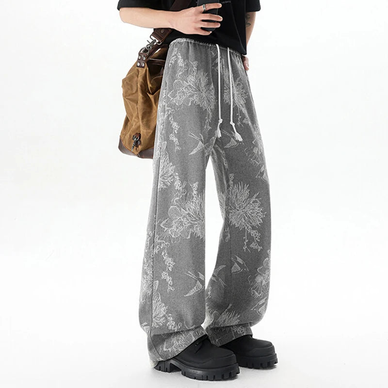 Men's Jeans New Summer New Korean Tide Flower Printed Design Loose Personalized Trendy Male Elastic Waist Trousers 9W1643