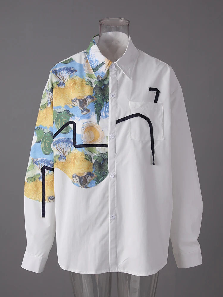 Women White Pattern Printed Big Size Elegant Blouse New Lapel Long Sleeve Shirt Fashion Tide Spring Autumn 2025 CPG3114