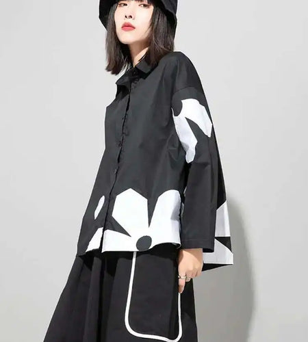 Women Black Flower Pattern Big Size Blouse New Lapel Long Sleeve Loose Fit Shirt Fashion Tide Spring Autumn 2025 1DE6302